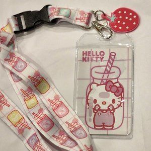 Hello Kitty Strawberry Milk Lanyard ID Holder Loungerfly Sanrio NEW